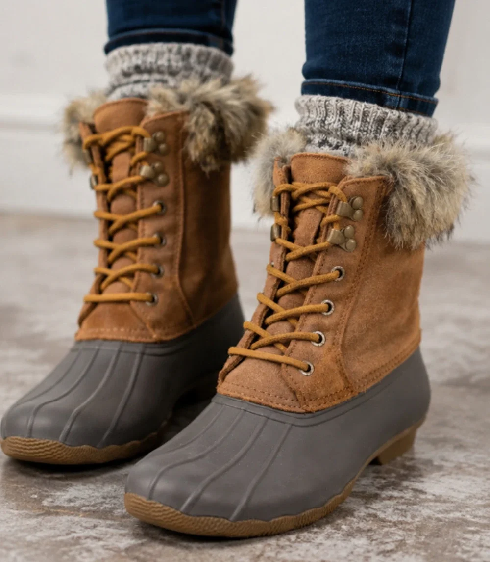 Sperry Top-Sider White Water Duck Winter Boots Brown Faux Fur Lace Up Sz 9M Cozy